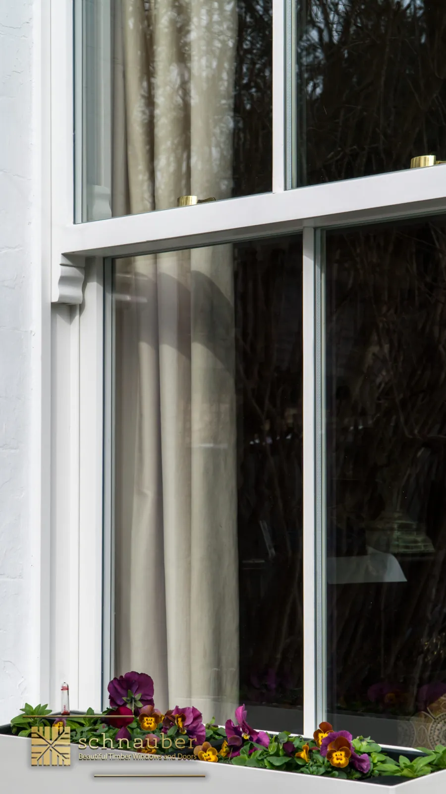 White timber sash window with a flower box